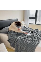 Living and Home Reversible Fluffy Striped Throw Blanket in Grey - Size: Large - thumbnail 3