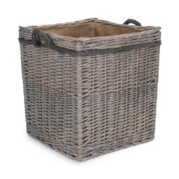 Red Hamper Medium Wicker Grey Wash Square Hessian Lined Log Basket - thumbnail 1