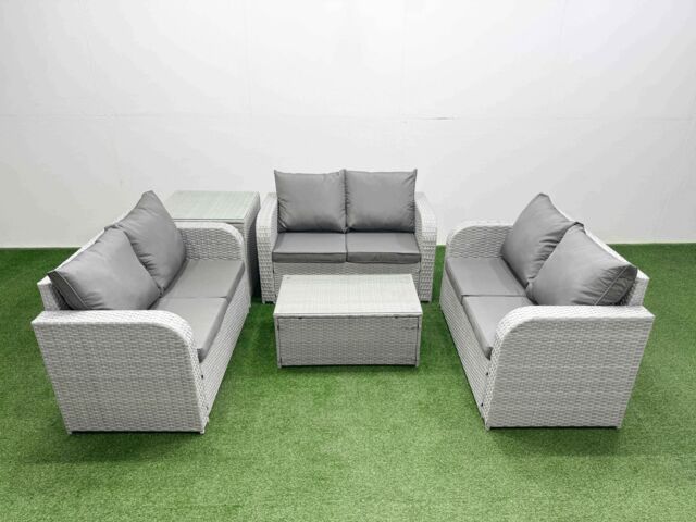 Fimous 6 Seater PE Wicker Rattan Furniture Sofa Sets with Rectangular Coffee Table 2 Seater Love Sofa Side Table Light Grey - image 1