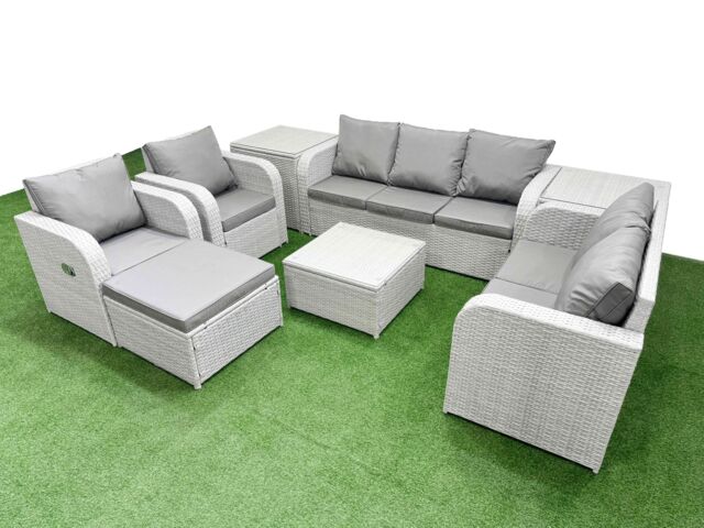 Fimous PE Rattan Garden Furniture Set Adjustable Chair Sofa Double Love Seat 2 Seater Sofa Lounge Set Square Coffee Table Big Footstool 2 Side Table - image 1