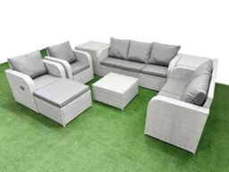 Fimous PE Rattan Garden Furniture Set Adjustable Chair Sofa Double Love Seat 2 Seater Sofa Lounge Set Square Coffee Table Big Footstool 2 Side Table - thumbnail 1