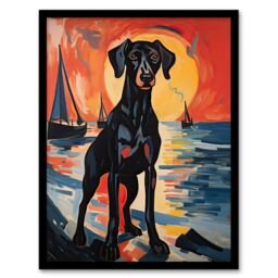 Artery8 Wall Art Print Black Doberman Dog Artwork Coastal Sunset Seascape Framed - Size: A4 - thumbnail 1