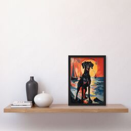 Artery8 Wall Art Print Black Doberman Dog Artwork Coastal Sunset Seascape Framed - Size: A4 - thumbnail 4