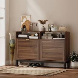 Havendro Narrow Shoe Cabinet with 2 Flip Drawers, Modern Shoe Storage Cabinet in Brown - thumbnail 3