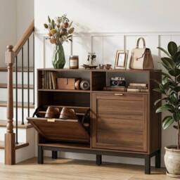 Havendro Narrow Shoe Cabinet with 2 Flip Drawers, Modern Shoe Storage Cabinet in Brown - thumbnail 4
