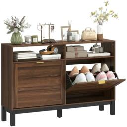 Havendro Narrow Shoe Cabinet with 2 Flip Drawers, Modern Shoe Storage Cabinet in Brown