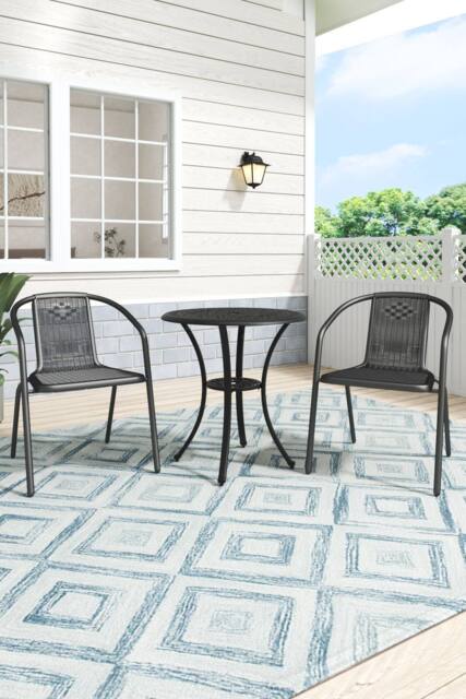 H&O Direct Cast Aluminum Outdoor Garden Dining Table with 2 PE Stacking Chairs in Black - image 1