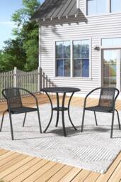 H&O Direct Cast Aluminum Outdoor Garden Dining Table with 2 PE Stacking Chairs in Black - thumbnail 2