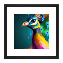 Artery8 Peacock Bird Vibrant Bright Modern Contemporary Watercolour Painting Multicoloured Square Wooden Framed Wall Art Print Picture 8X8 Inch - thumbnail 1