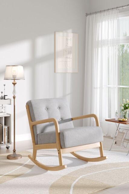 H&O Direct Modern Linen Upholstered Rocking Chair with Button Tufting in Beige - image 1