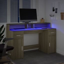 Berkfield Home Desk with LED Lights Sonoma Oak 140x55x91 cm Engineered Wood in Brown - Size: 140 x 55 x 91 cm - thumbnail 5