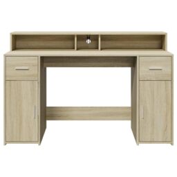 Berkfield Home Desk with LED Lights Sonoma Oak 140x55x91 cm Engineered Wood in Brown - Size: 140 x 55 x 91 cm - thumbnail 6