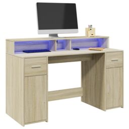 Berkfield Home Desk with LED Lights Sonoma Oak 140x55x91 cm Engineered Wood in Brown - Size: 140 x 55 x 91 cm - thumbnail 1