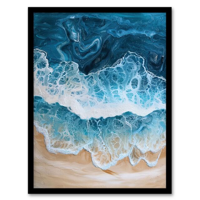 "Artery8 Sea Foam on Sandy Beach From Above Calm Zen Framed Art Print in Blue - Size: W12"" x H16""" - image 1