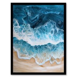 "Artery8 Sea Foam on Sandy Beach From Above Calm Zen Framed Art Print in Blue - Size: W12"" x H16""" - thumbnail 1