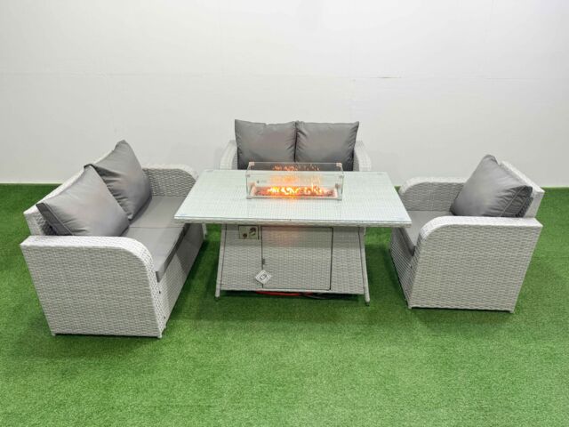 Fimous High Back Poly Rattan Garden Furniture Set with Reclining Chair Loveseat Sofa Firepit Dining Table Indoor Outdoor Patio Set Light Grey - image 1