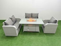 Fimous High Back Poly Rattan Garden Furniture Set with Reclining Chair Loveseat Sofa Firepit Dining Table Indoor Outdoor Patio Set Light Grey - thumbnail 1