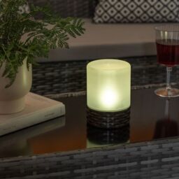 ValueLights Rattan Solar Powered Outdoor Garden Table Lamp with Frosted Glass Shade in Light Brown