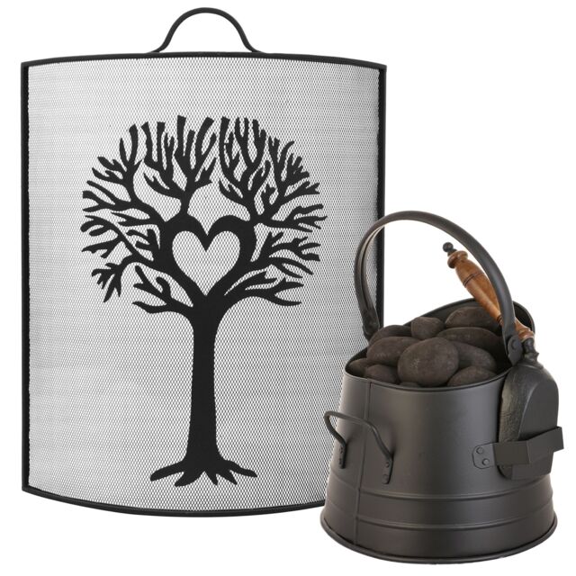 Dibor Traditional Tree Fire Screen Fireguard H67cm x W53cm with Black Coal Bucket with Shovel - image 1