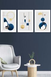 ARTZE Abstract Textured Geometric Art in Navy Blue & Gold Framed Wall Art - Medium in White - Size: W45 cm x H62 cm x D20mm