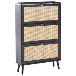 Wyld and Coco Boho Shoe Storage Cabinet Black Wood Rattan Front Three Compartments - thumbnail 2