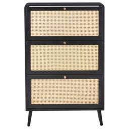 Wyld and Coco Boho Shoe Storage Cabinet Black Wood Rattan Front Three Compartments - thumbnail 5