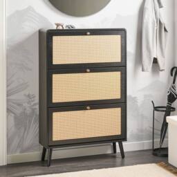 Wyld and Coco Boho Shoe Storage Cabinet Black Wood Rattan Front Three Compartments