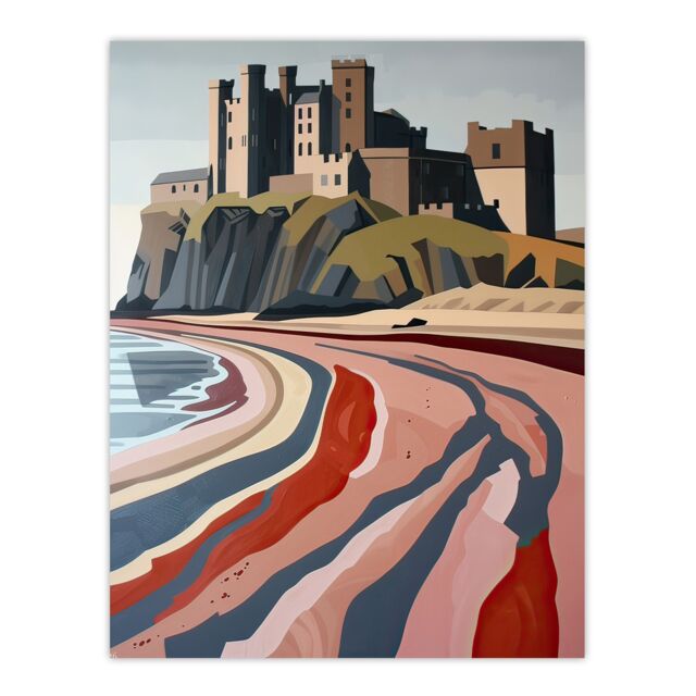 "Artery8 Bamburgh Castle Block Print Artwork Northumbria Wall Art Print - Size: W12"" x H16""" - image 1