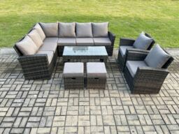 Fimous 10 Seat Rattan Garden Furniture Corner Sofa Set Outdoor Patio Sofa Chair Table Set with 2 Small Footstools Dark Grey - thumbnail 1