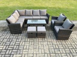 10 Seat Rattan Garden Furniture Corner Sofa Set Outdoor Patio Sofa Chair Table Set with 2 Small Footstools Dark Grey