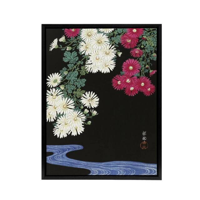 "Artery8 Chrysanthemums & Running Water Framed Canvas Wall Art Print Koson in Pink - Size: W12"" x H16""" - image 1