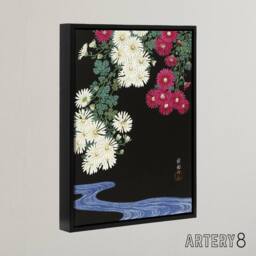 "Artery8 Chrysanthemums & Running Water Framed Canvas Wall Art Print Koson in Pink - Size: W12"" x H16""" - thumbnail 2