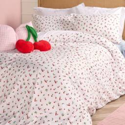 OHS Ditsy Cherry Bedding Microfibre Duvet Cover Set with Pillowcase in White - Size: Single - thumbnail 1