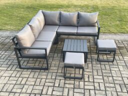 Fimous Outdoor Garden Furniture Set Aluminium Lounge Sofa Square Coffee Table Sets with 2 Small Footstools in Dark Grey - thumbnail 2