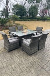 Fimous Rattan Gas Fire Pit Oblong Dining Table Gas Heater Table & Chair Set 6 Seater in Dark Grey - thumbnail 3