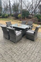 Fimous Rattan Gas Fire Pit Oblong Dining Table Gas Heater Table & Chair Set 6 Seater in Dark Grey - thumbnail 6
