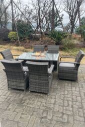 Fimous Rattan Gas Fire Pit Oblong Dining Table Gas Heater Table & Chair Set 6 Seater in Dark Grey - thumbnail 5