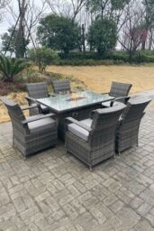 Fimous Rattan Gas Fire Pit Oblong Dining Table Gas Heater Table & Chair Set 6 Seater in Dark Grey - thumbnail 4