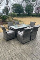 Fimous Rattan Gas Fire Pit Oblong Dining Table Gas Heater Table & Chair Set 6 Seater in Dark Grey