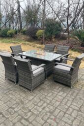 Fimous Rattan Gas Fire Pit Oblong Dining Table Gas Heater Table & Chair Set 6 Seater in Dark Grey - thumbnail 2