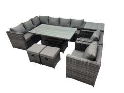 Fimous 10-seater Rattan Garden Furniture Dining Set with 2 Stool Side Table in Dark Grey