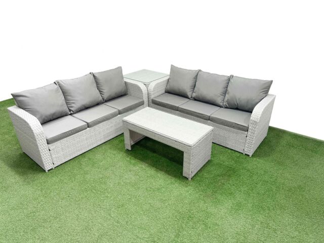 Fimous Outdoor Garden Furniture Sets 6 Seater Wicker Rattan Furniture Sofa Sets with Oblong Coffee Table high Back Lounge Sofa Side Table Light Grey - image 1