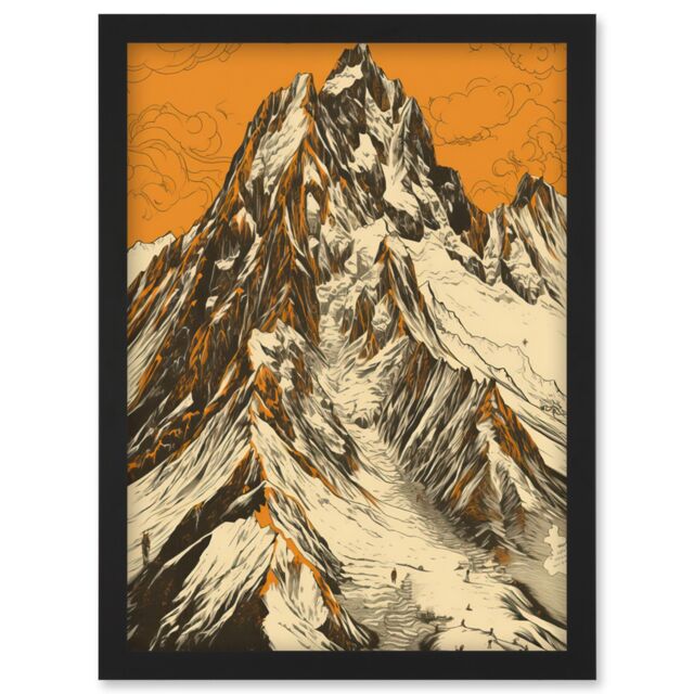 Artery8 K2 Mountain Peak Summit Climbers White & Orange Artwork Framed Wall Art Print A4 in Black - image 1