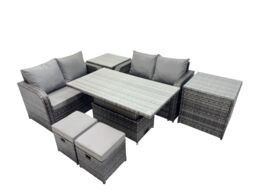 Fimous 6-seater Patio Rattan Garden Furniture Dining Set with 2 Small Stools in Dark Grey - thumbnail 2