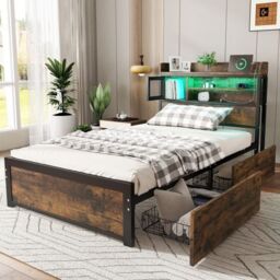 Matteo Metal Bed, 3FT Single Bed With LED Light Strip & 2 Drawers, 3 Charge Port, Durable & Sturdy in Black - Size: Single Fitted - thumbnail 1
