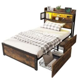 Matteo Metal Bed, 3FT Single Bed With LED Light Strip & 2 Drawers, 3 Charge Port, Durable & Sturdy in Black - Size: Single Fitted - thumbnail 7