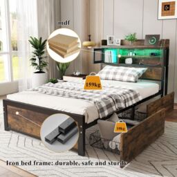 Matteo Metal Bed, 3FT Single Bed With LED Light Strip & 2 Drawers, 3 Charge Port, Durable & Sturdy in Black - Size: Single Fitted - thumbnail 5