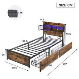 Matteo Metal Bed, 3FT Single Bed With LED Light Strip & 2 Drawers, 3 Charge Port, Durable & Sturdy in Black - Size: Single Fitted - thumbnail 4