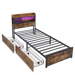 Matteo Metal Bed, 3FT Single Bed With LED Light Strip & 2 Drawers, 3 Charge Port, Durable & Sturdy in Black - Size: Single Fitted - thumbnail 8