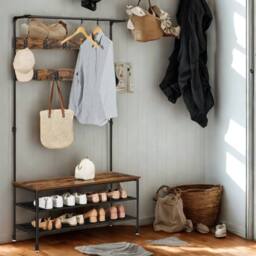 Pirlo Plush Entryway Hall Tree Coat Rack Stand With Shoe Storage & Hooks in Brown - thumbnail 3